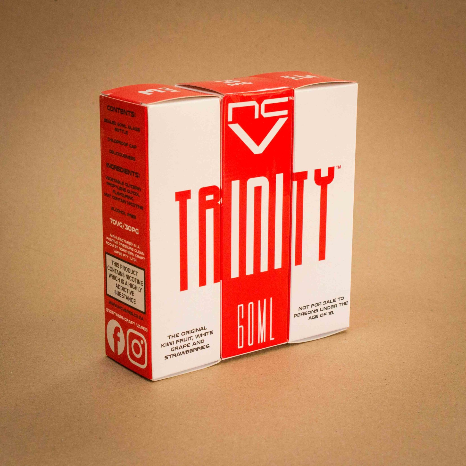 Northern Craft Vapes Trinity 60ml vape juice folding carton in red and white Northern Craft Vapes Trinity 60ml vape juice folding carton in red and white