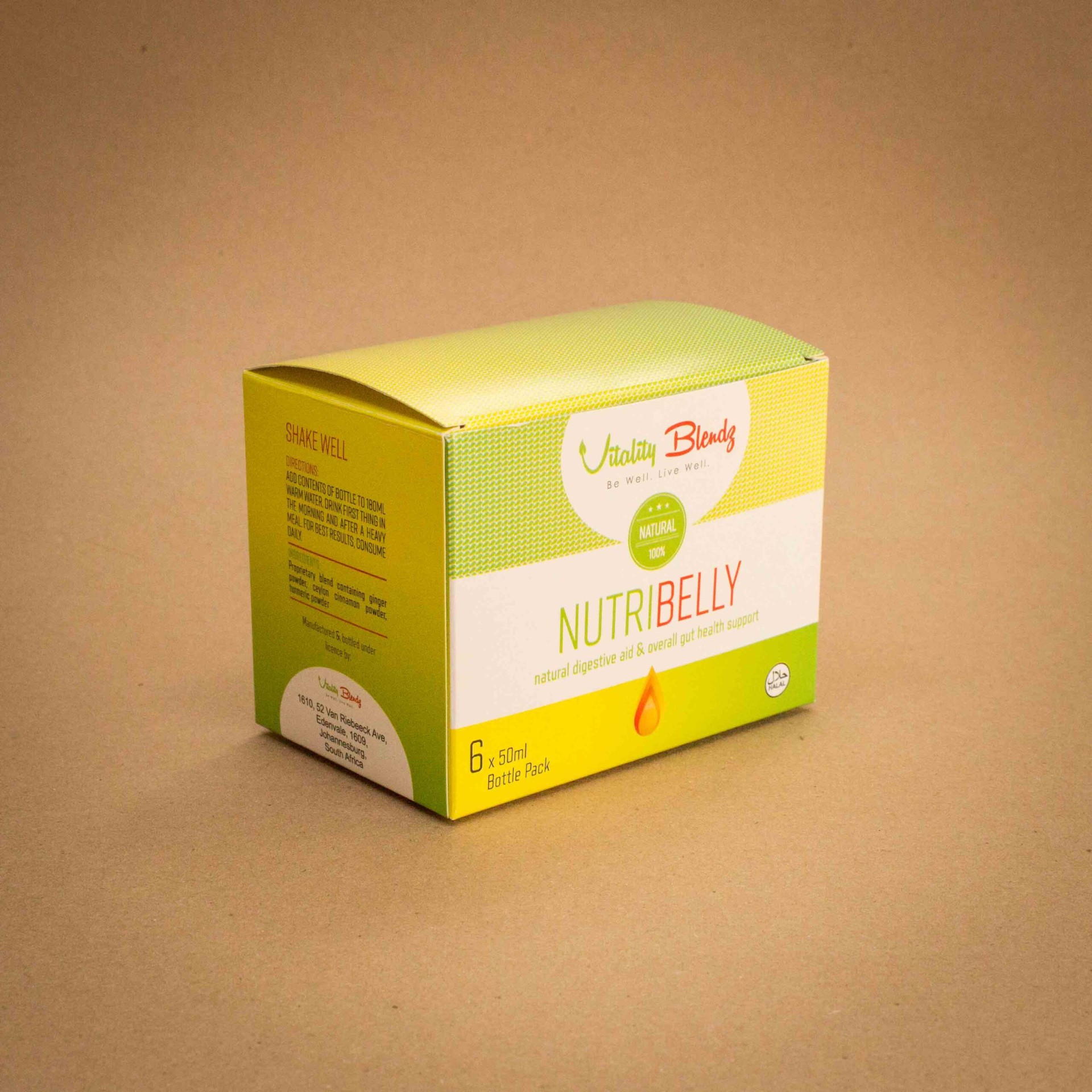 Vitality Blendz NutriBelly digestive aid folding carton in green and yellow Vitality Blendz NutriBelly digestive aid folding carton in green and yellow