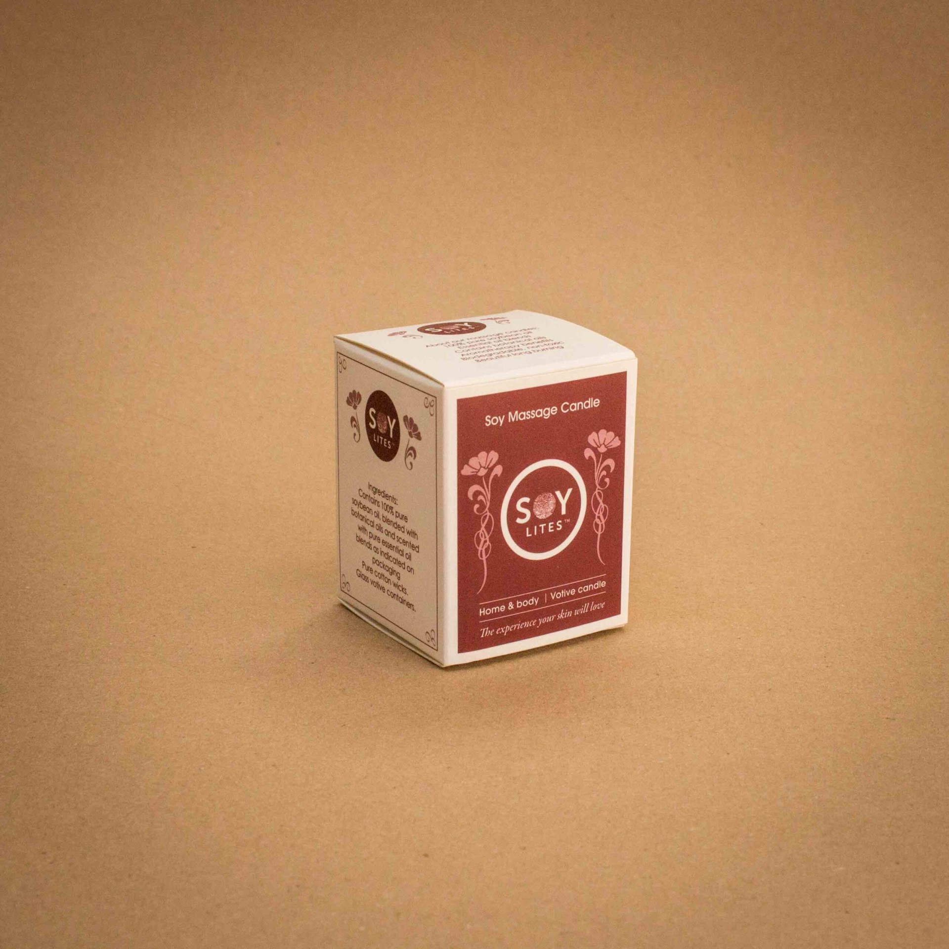 SoyLites soy massage candle folding carton with burgundy and cream botanical print SoyLites soy massage candle folding carton with burgundy and cream botanical print