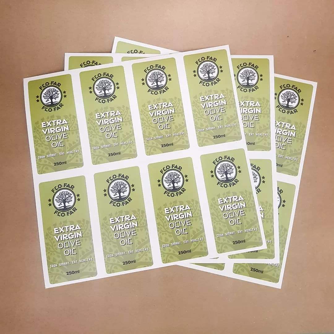Flo-Far Extra Virgin Olive Oil 250ml self-adhesive label sheets in green with tree logo Flo-Far Extra Virgin Olive Oil 250ml self-adhesive label sheets in green with tree logo