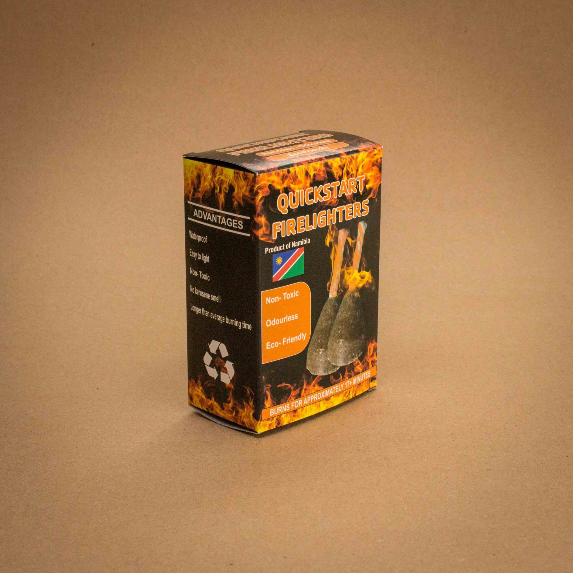 Quickstart Firelighters folding carton with flame graphics, product of Namibia Quickstart Firelighters folding carton with flame graphics, product of Namibia