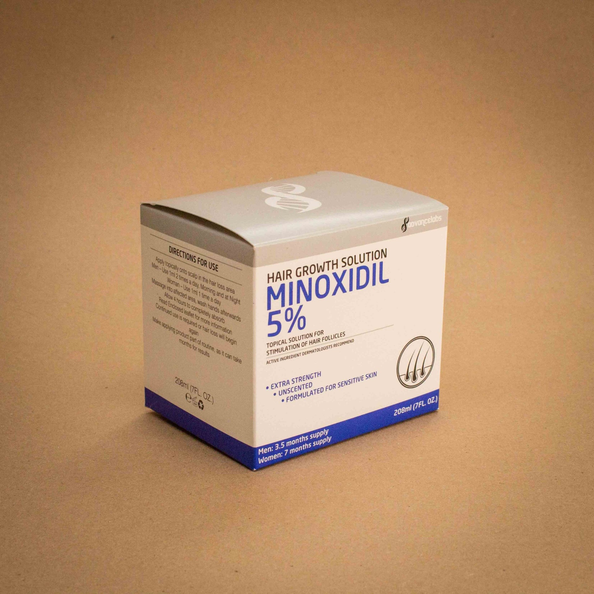 Advancelabs Minoxidil 5% hair growth pharmaceutical folding carton Advancelabs Minoxidil 5% hair growth pharmaceutical folding carton