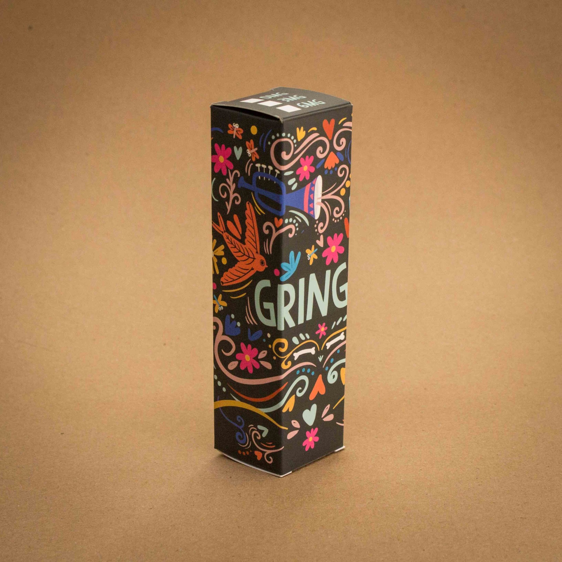 Gringo vape juice folding carton with colourful Day of the Dead illustration on black Gringo vape juice folding carton with colourful Day of the Dead illustration on black