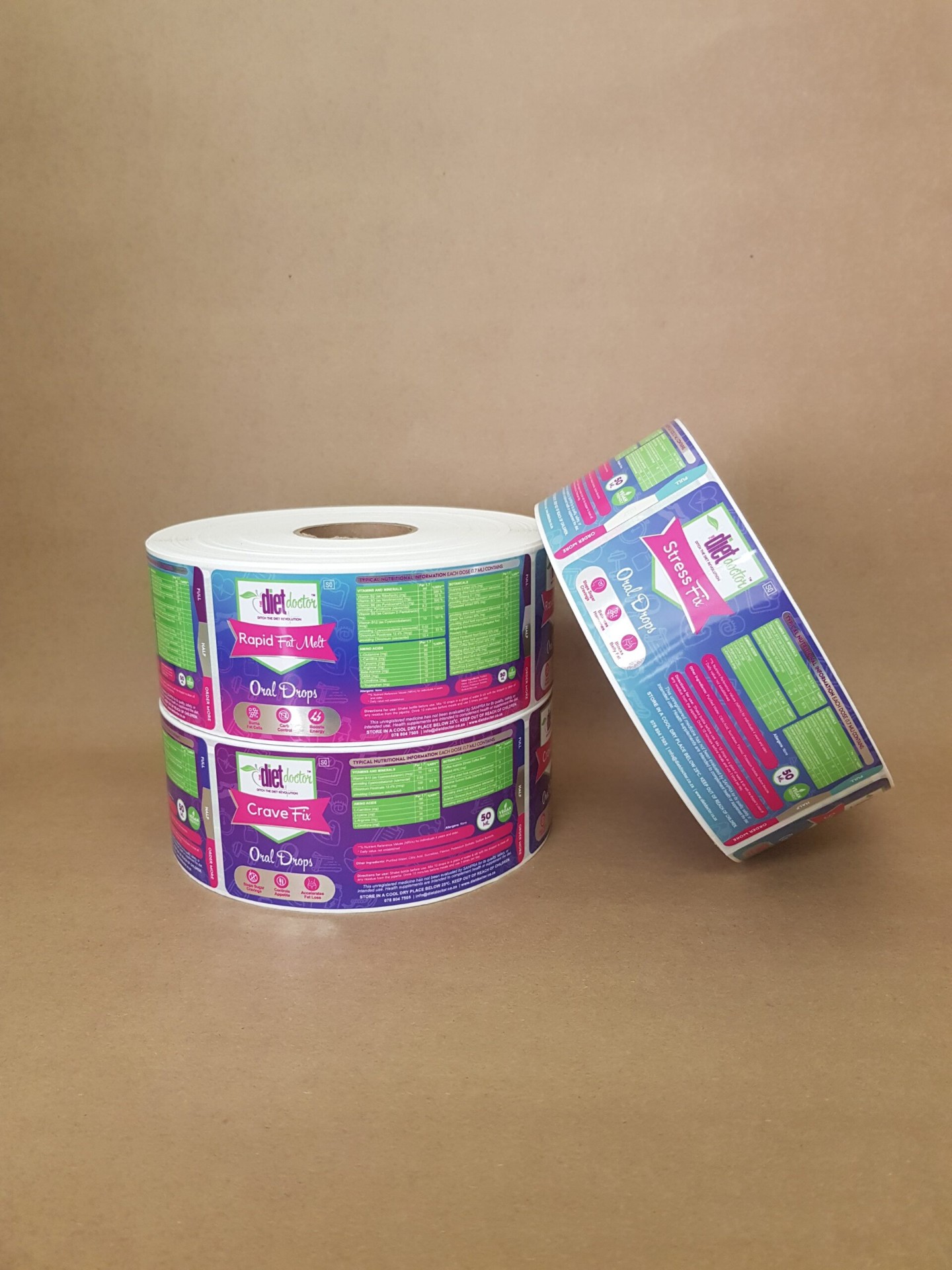 Diet Doctor product label rolls for Rapid Fat Melt, Crave Fix and Stress Fix oral drops Diet Doctor product label rolls for Rapid Fat Melt, Crave Fix and Stress Fix oral drops