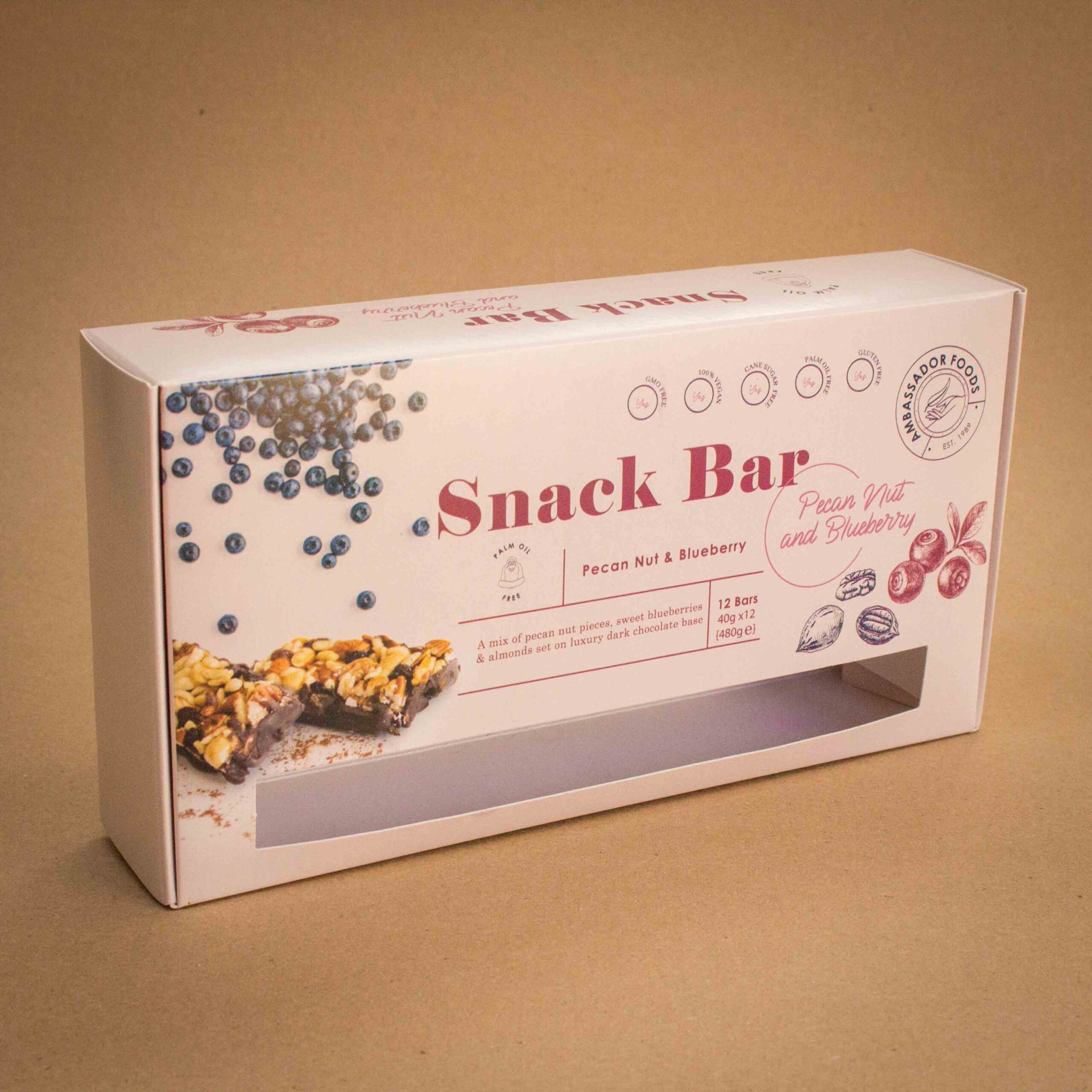 Ambassador Foods pecan nut and blueberry snack bar carton with window patch Ambassador Foods pecan nut and blueberry snack bar carton with window patch