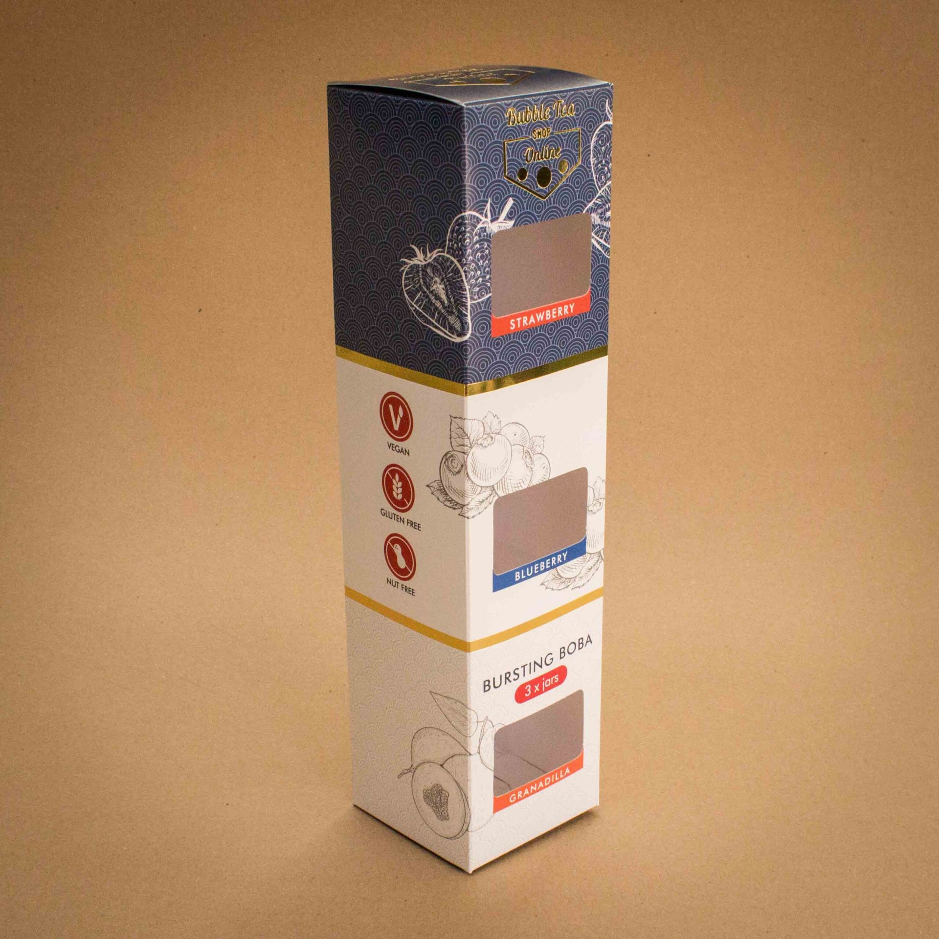 Bubble Tea Shop Online Bursting Boba folding carton with three window patches and gold foil trim Bubble Tea Shop Online Bursting Boba folding carton with three window patches and gold foil trim