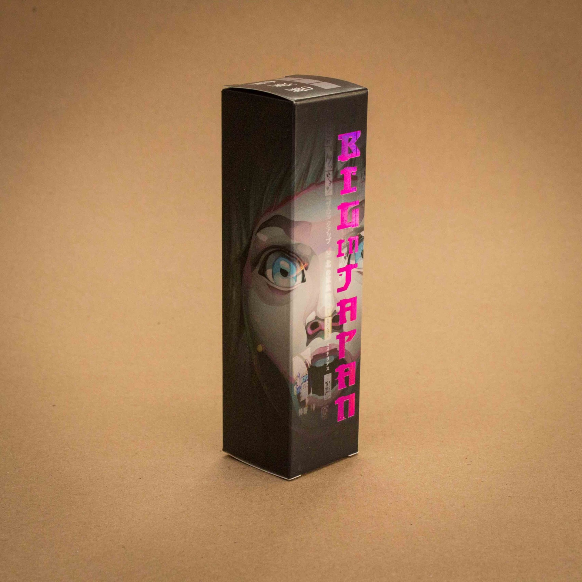 Big in Japan vape folding carton in matte black with pink foil typography and anime illustration Big in Japan vape folding carton in matte black with pink foil typography and anime illustration