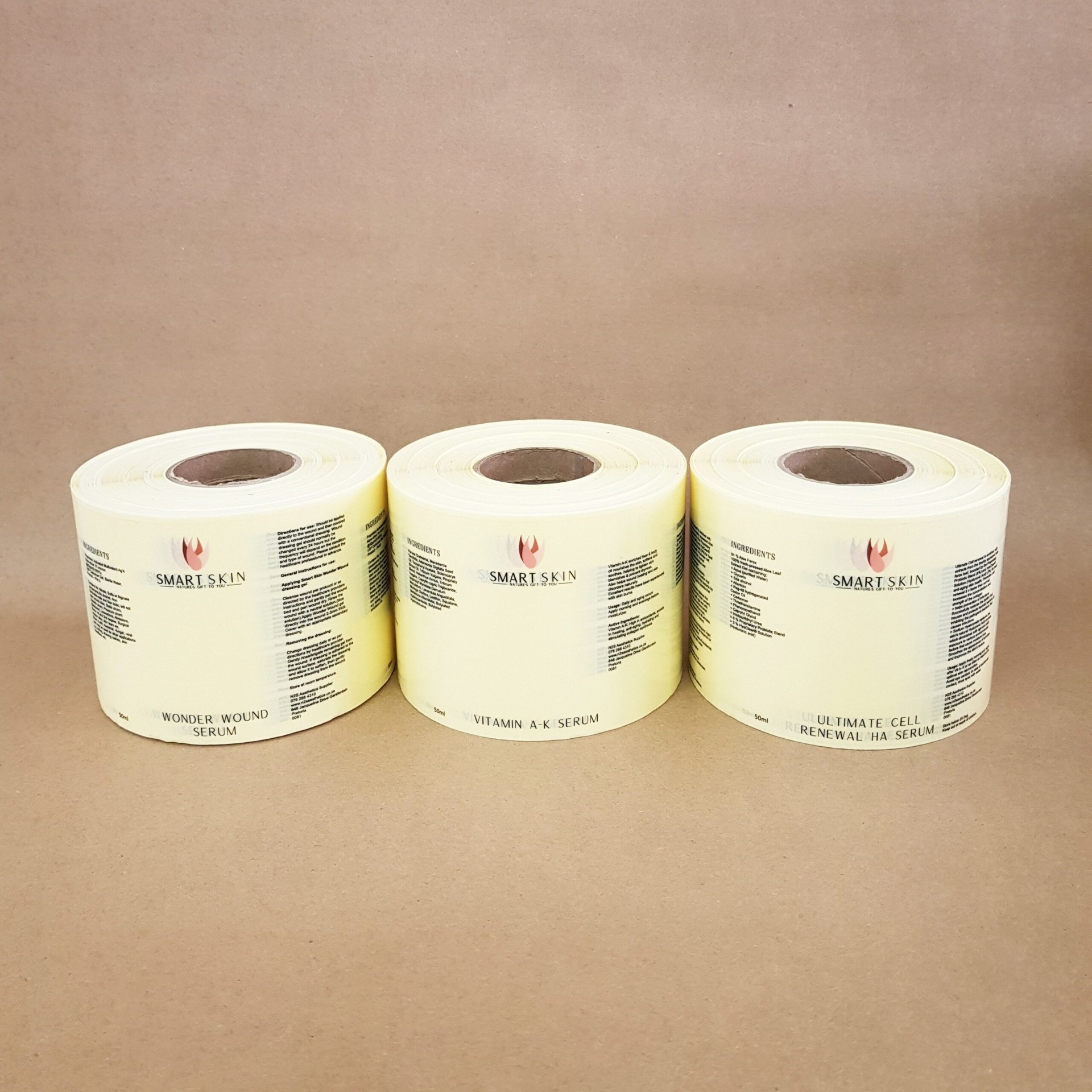 Smart Skin Wonder Wound, Vitamin A-K and Ultimate Cell Renewal HA serum label rolls in cream Smart Skin Wonder Wound, Vitamin A-K and Ultimate Cell Renewal HA serum label rolls in cream