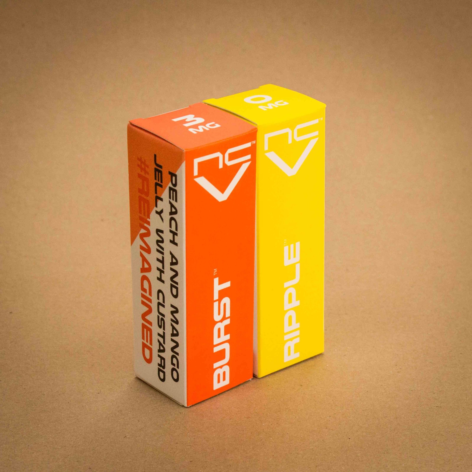 Northern Craft Vapes Burst and Ripple Reimagined vape carton pair in orange and yellow Northern Craft Vapes Burst and Ripple Reimagined vape carton pair in orange and yellow