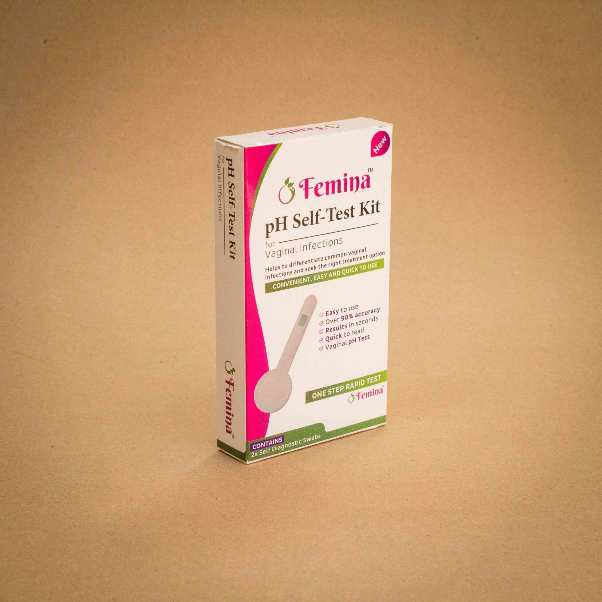 Femina pH self-test kit folding carton in pink, green and white Femina pH self-test kit folding carton in pink, green and white