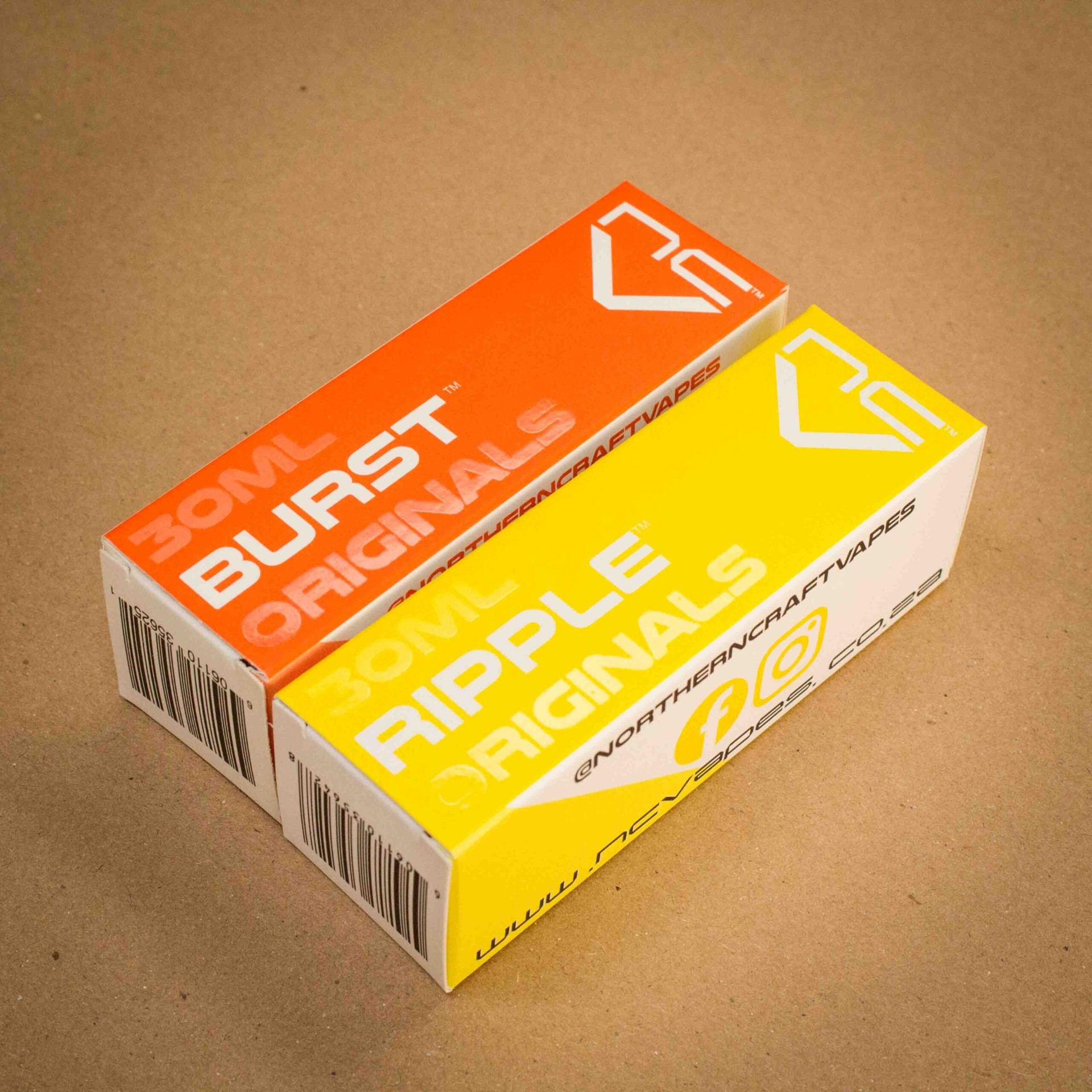 Northern Craft Vapes Burst and Ripple Originals 30ml vape cartons in orange and yellow Northern Craft Vapes Burst and Ripple Originals 30ml vape cartons in orange and yellow