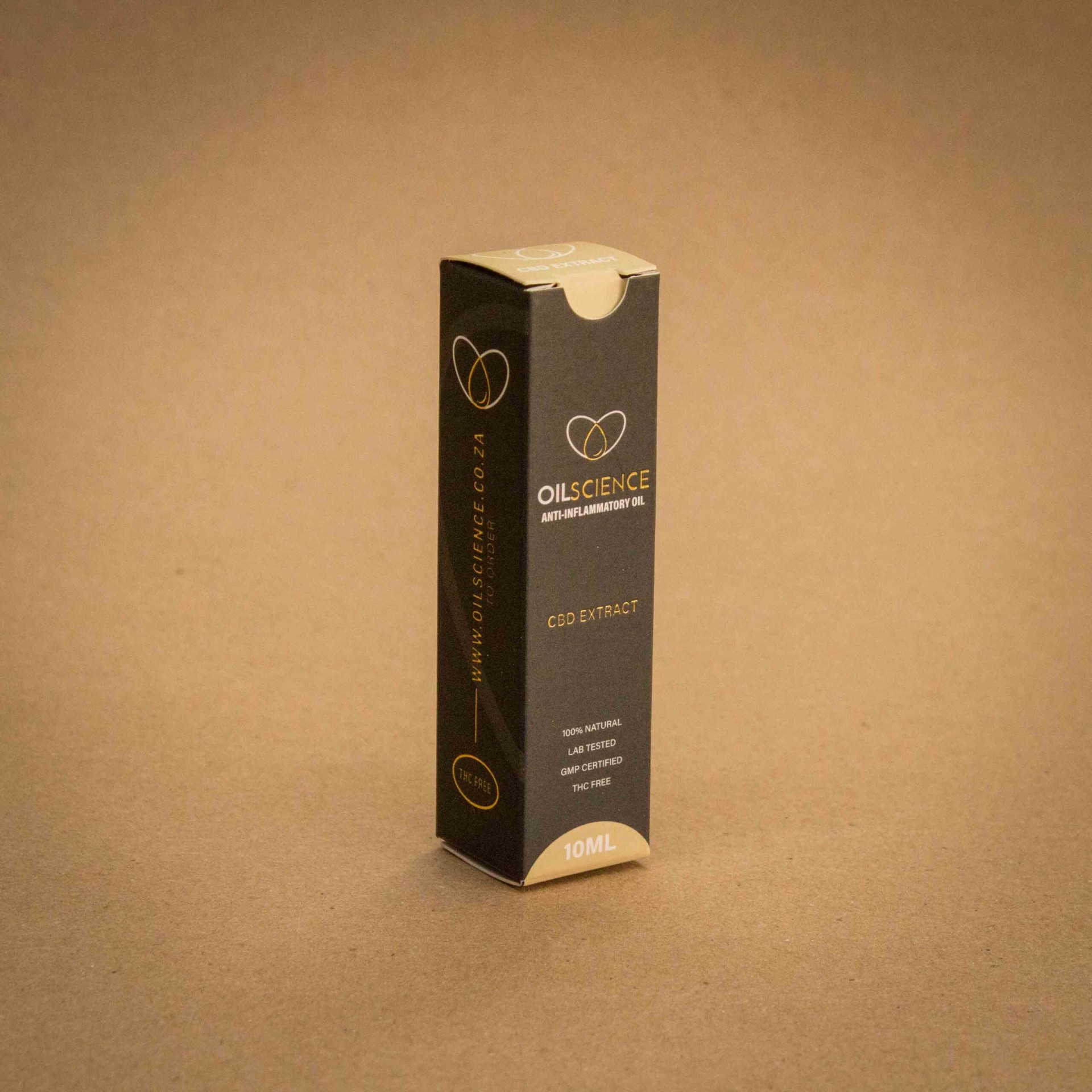 OilScience CBD Extract 10ml anti-inflammatory oil folding carton in matte black and gold OilScience CBD Extract 10ml anti-inflammatory oil folding carton in matte black and gold
