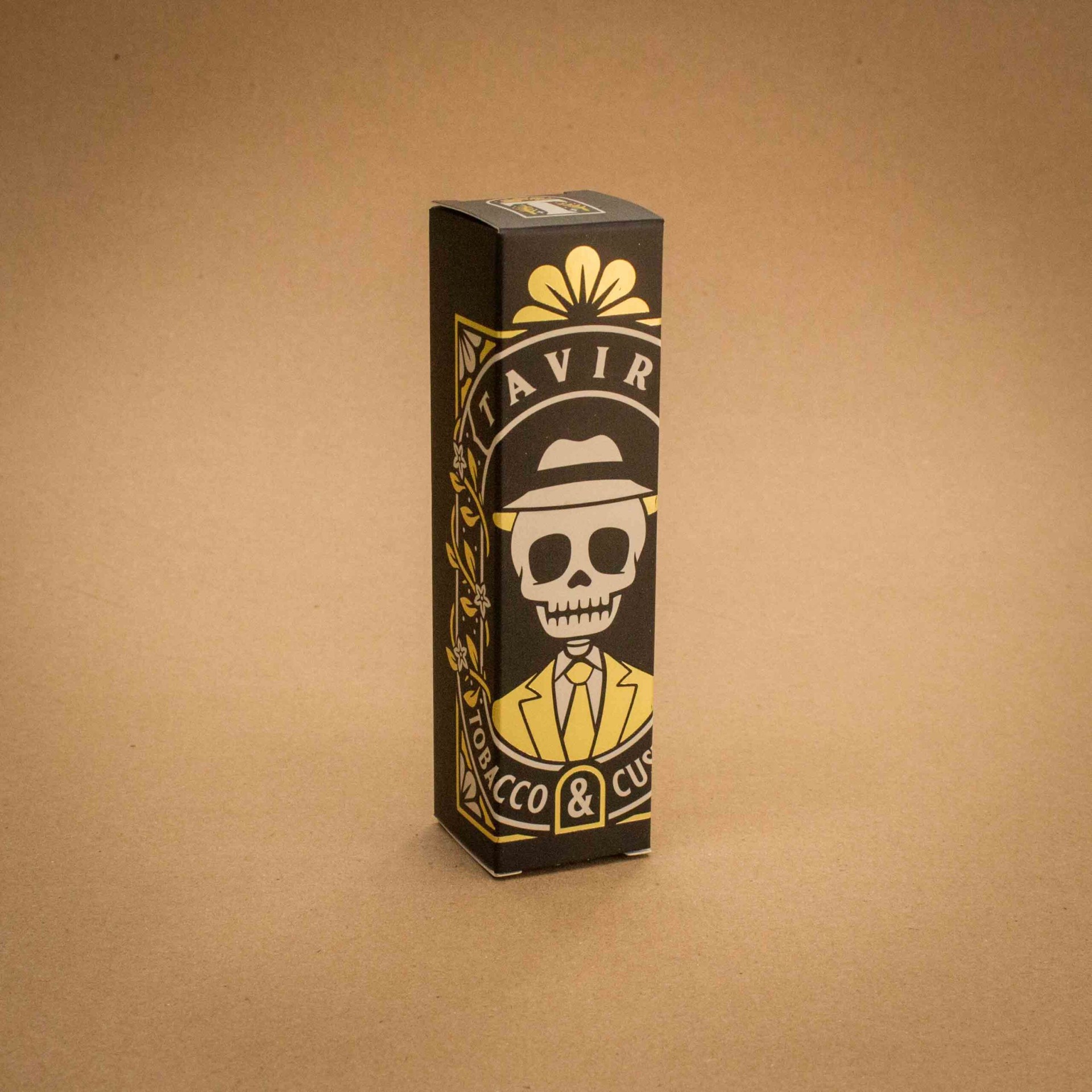 Taviro Tobacco & Custard vape carton with skull illustration and gold foil detailing Taviro Tobacco & Custard vape carton with skull illustration and gold foil detailing
