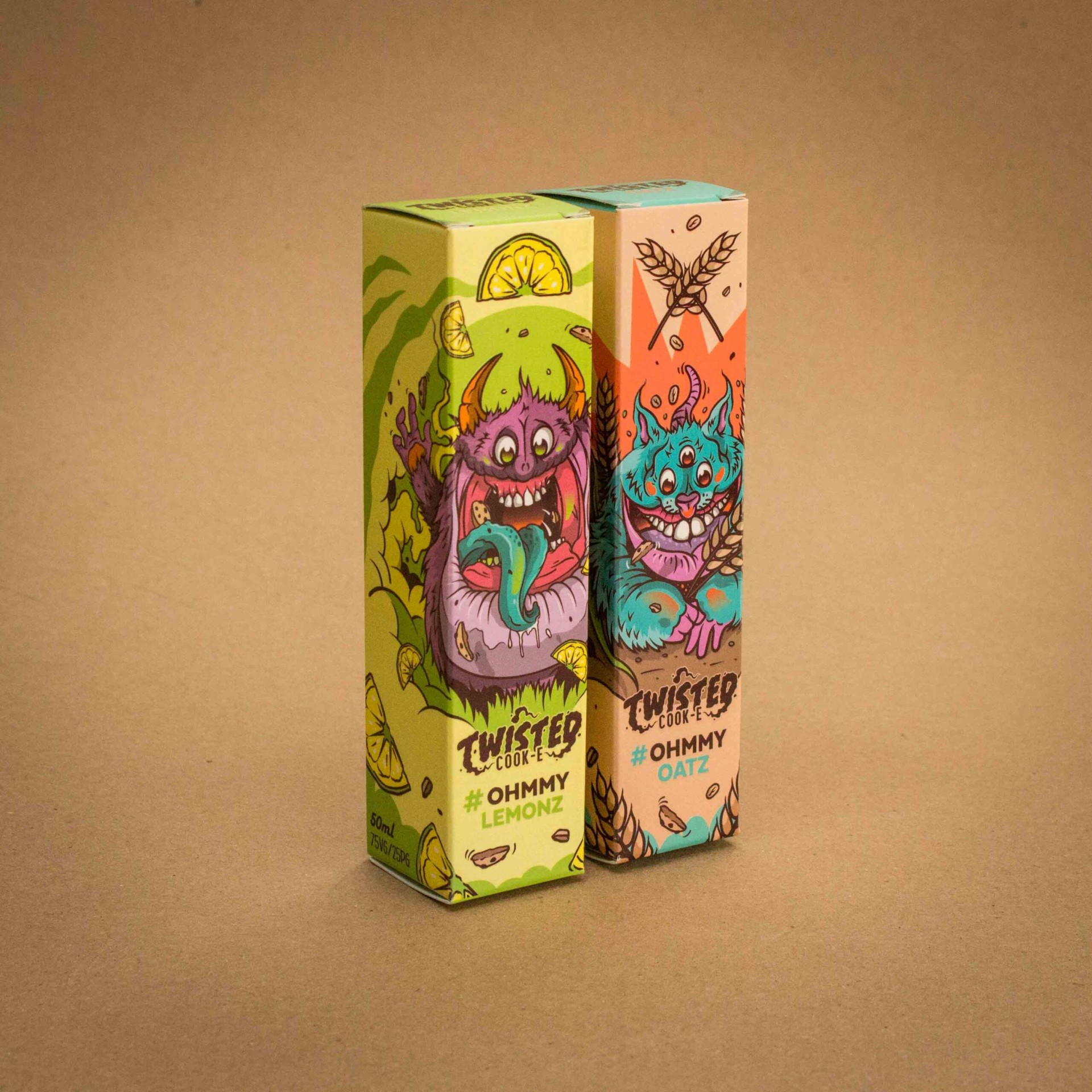 Twisted Cook-E Ohmmy Lemonz and Ohmmy Oatz vape folding cartons with monster illustrations Twisted Cook-E Ohmmy Lemonz and Ohmmy Oatz vape folding cartons with monster illustrations