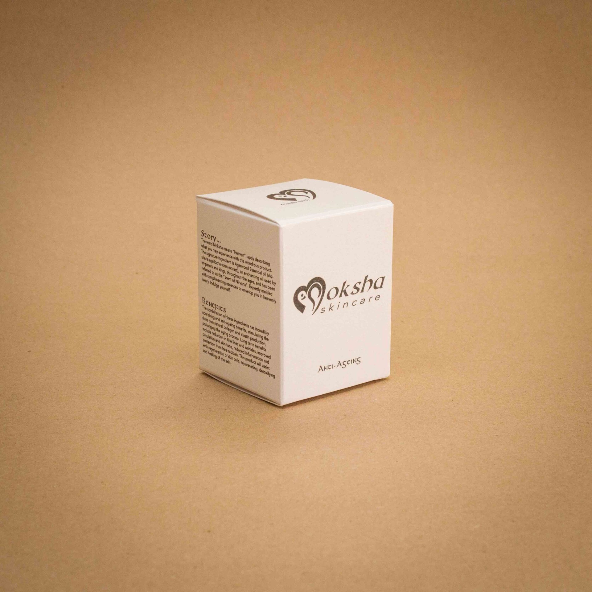 Moksha Skincare Anti-Ageing minimalist white folding carton with subtle grey logo Moksha Skincare Anti-Ageing minimalist white folding carton with subtle grey logo