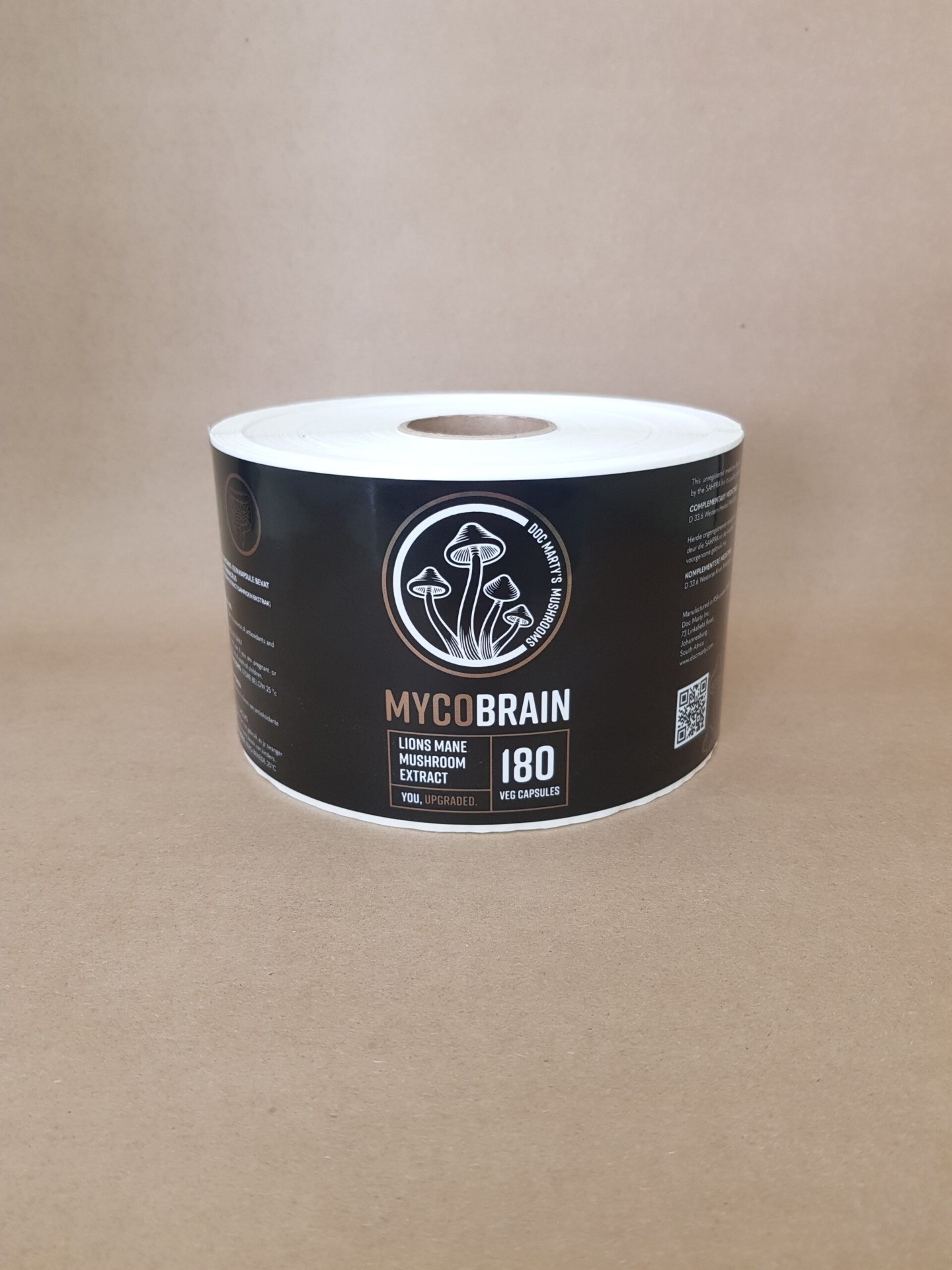 Doc Marty's Mushrooms MycoBrain Lions Mane extract self-adhesive label roll in black and copper Doc Marty's Mushrooms MycoBrain Lions Mane extract self-adhesive label roll in black and copper