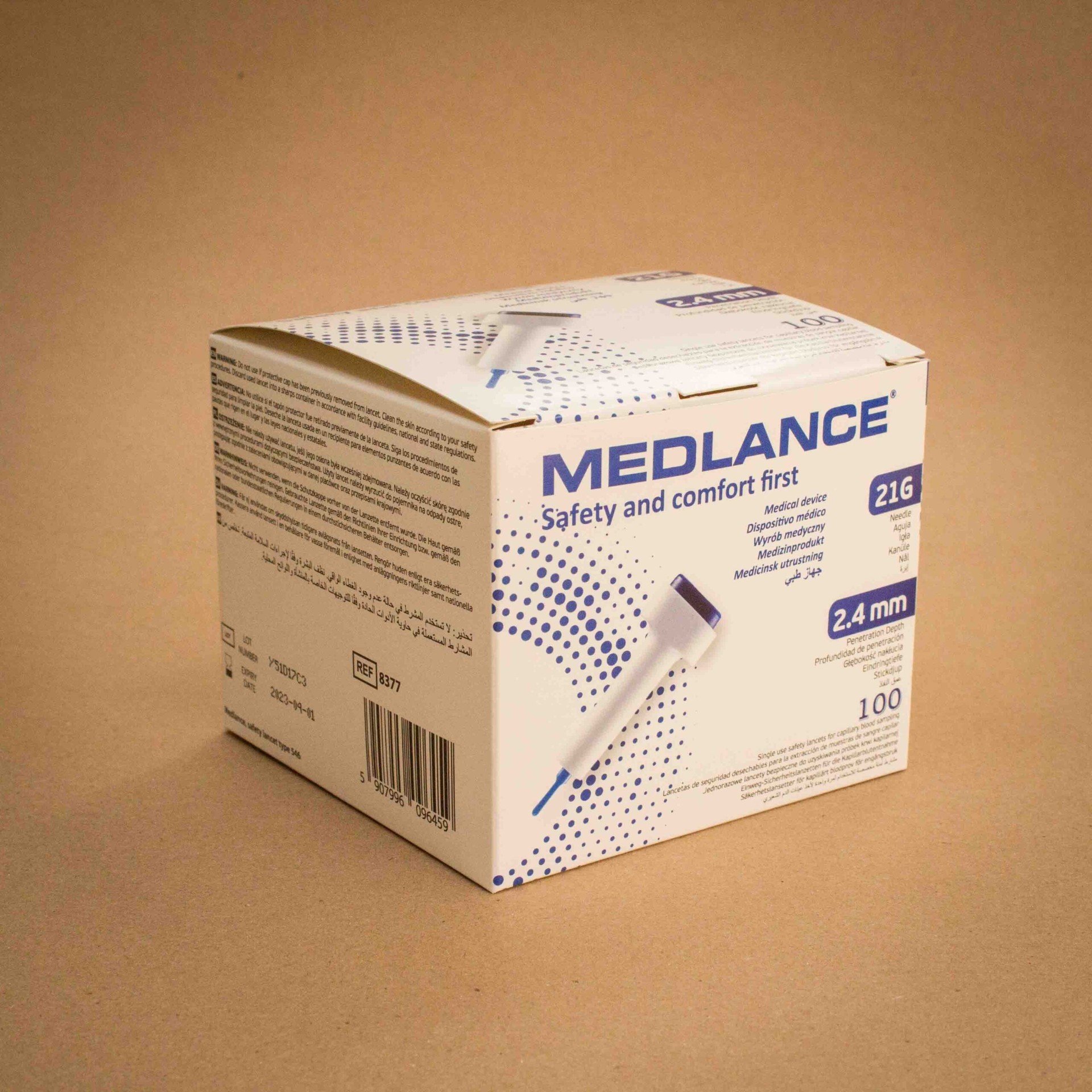 Medlance safety lancets medical device folding carton in white and blue Medlance safety lancets medical device folding carton in white and blue
