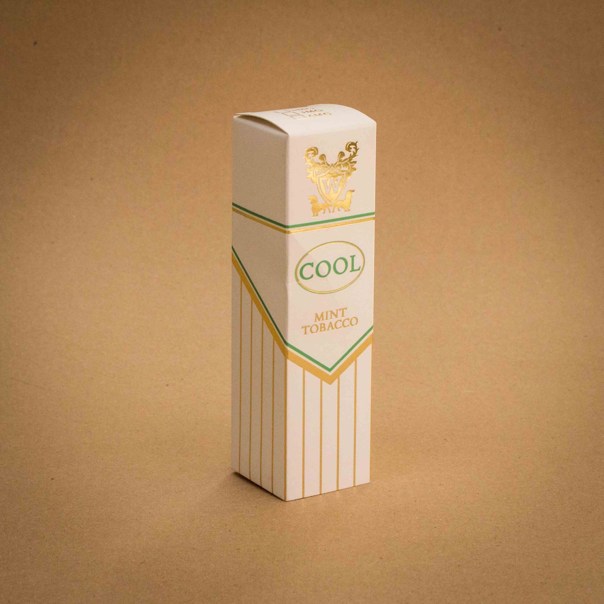 Cool Mint Tobacco vape carton with gold foil crest on cream and green stripes Cool Mint Tobacco vape carton with gold foil crest on cream and green stripes