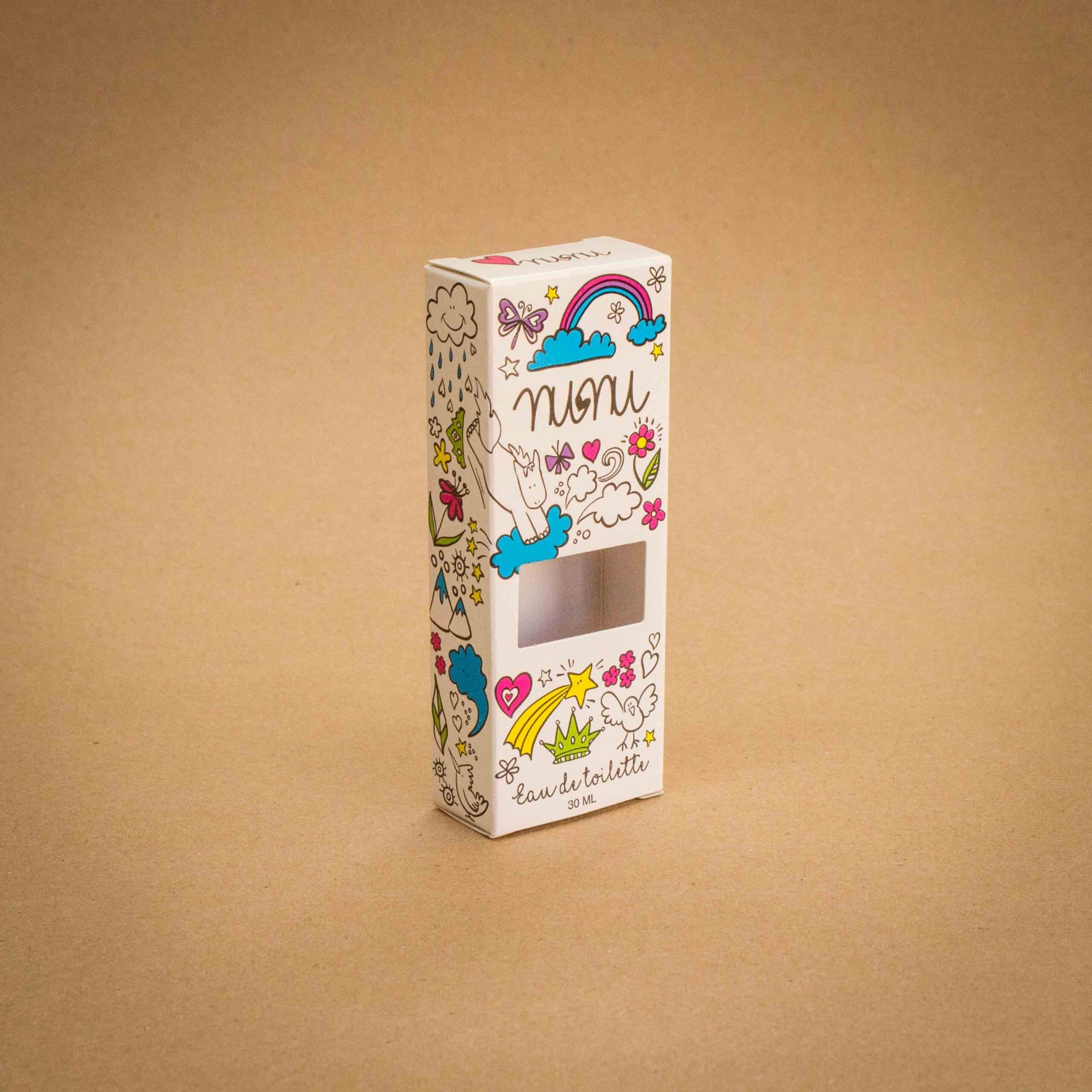 Nunu children's eau de toilette folding carton with hand-drawn doodles and window patch Nunu children's eau de toilette folding carton with hand-drawn doodles and window patch
