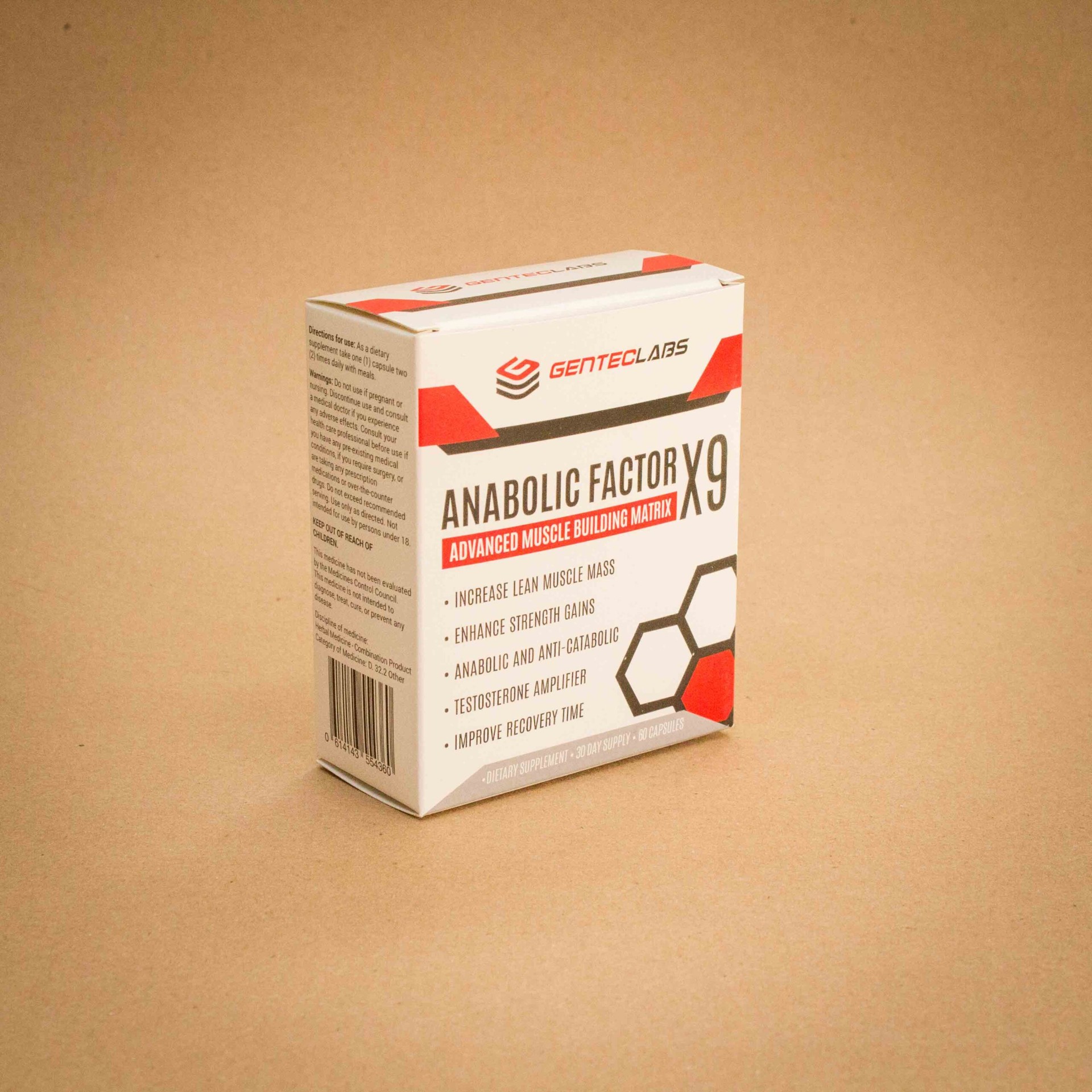 Gentec Labs Anabolic Factor X9 muscle building supplement folding carton Gentec Labs Anabolic Factor X9 muscle building supplement folding carton