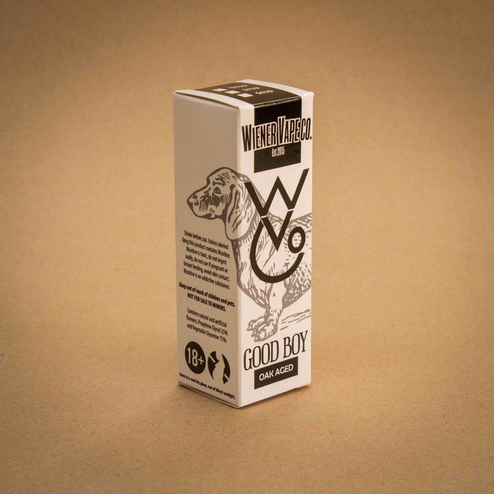 Wiener Vape Co Good Boy Oak Aged vape folding carton in black and white with dachshund illustration Wiener Vape Co Good Boy Oak Aged vape folding carton in black and white with dachshund illustration