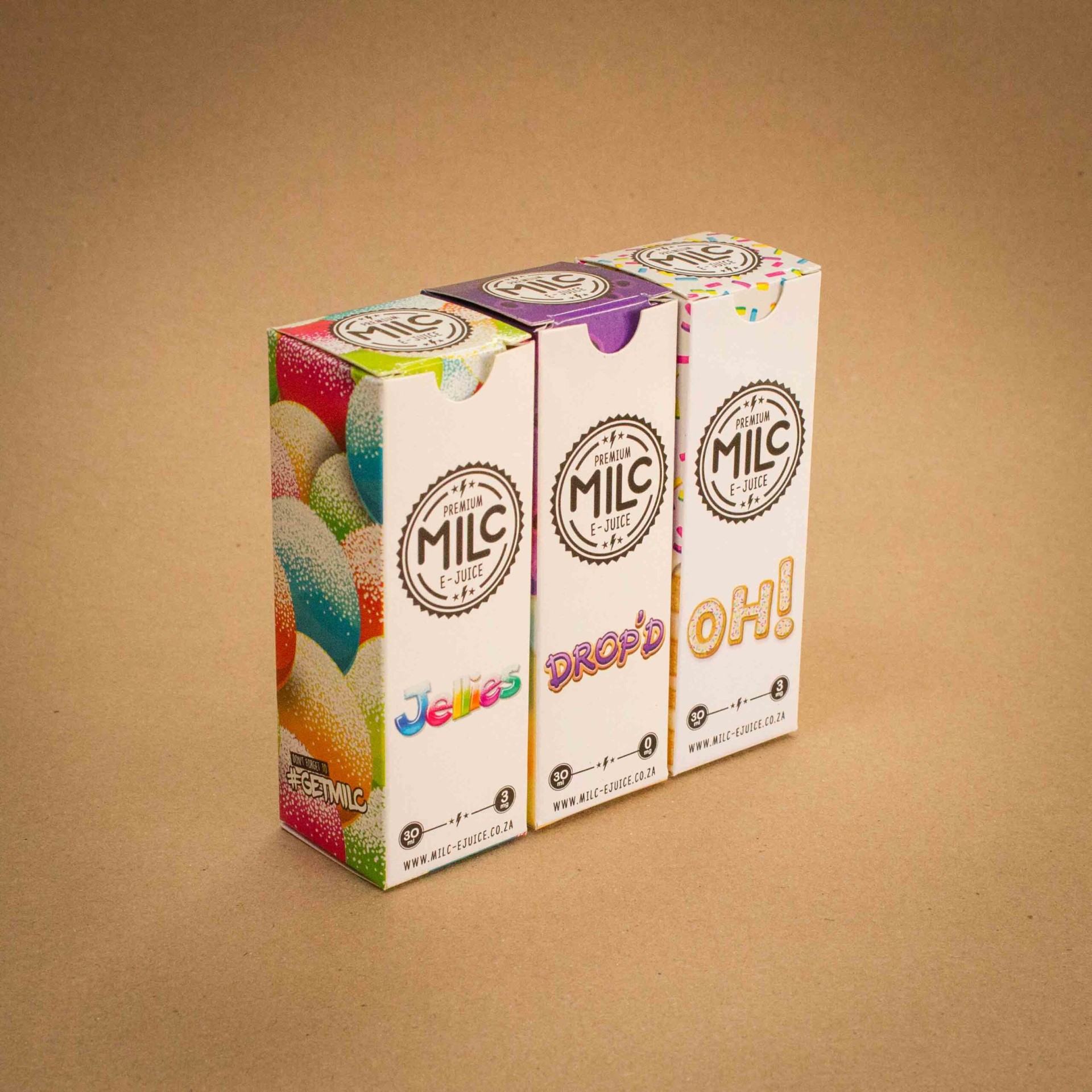 MILC Premium E-Juice Jellies, Drop'd and Oh! vape folding cartons with candy-inspired side prints MILC Premium E-Juice Jellies, Drop'd and Oh! vape folding cartons with candy-inspired side prints