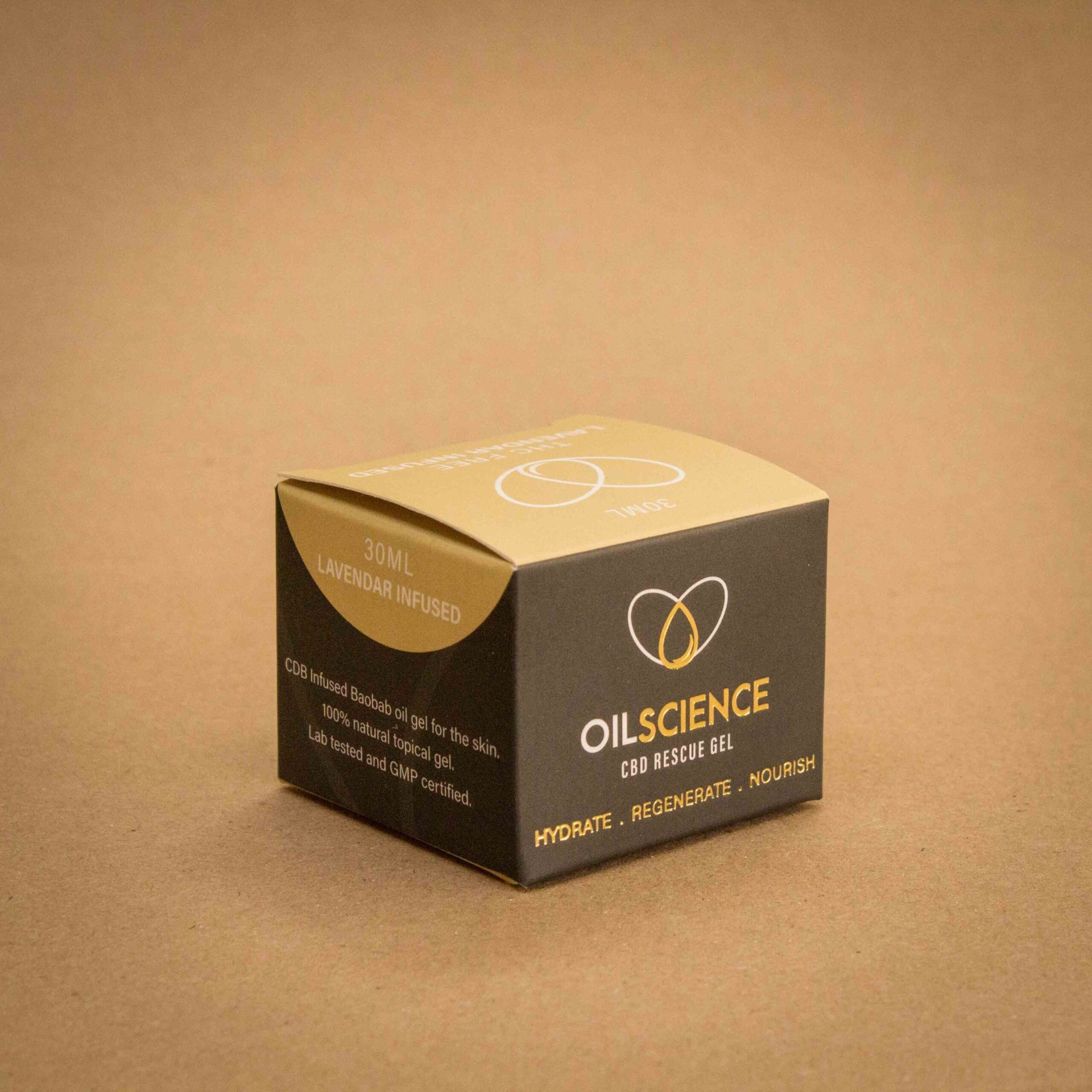 OilScience CBD Rescue Gel premium black and gold folding carton OilScience CBD Rescue Gel premium black and gold folding carton