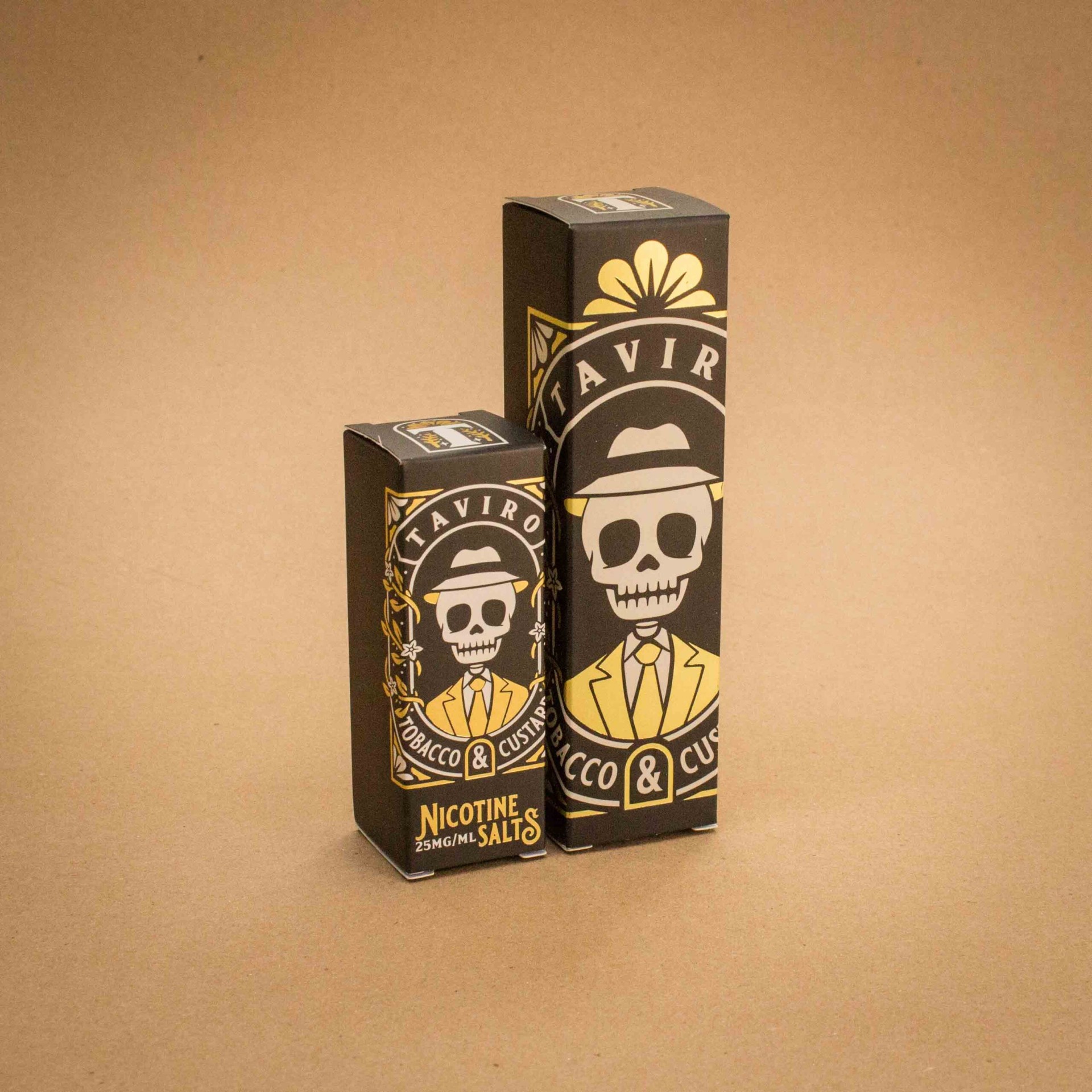 Taviro Tobacco & Custard vape cartons in nicotine salts and freebase sizes side by side Taviro Tobacco & Custard vape cartons in nicotine salts and freebase sizes side by side