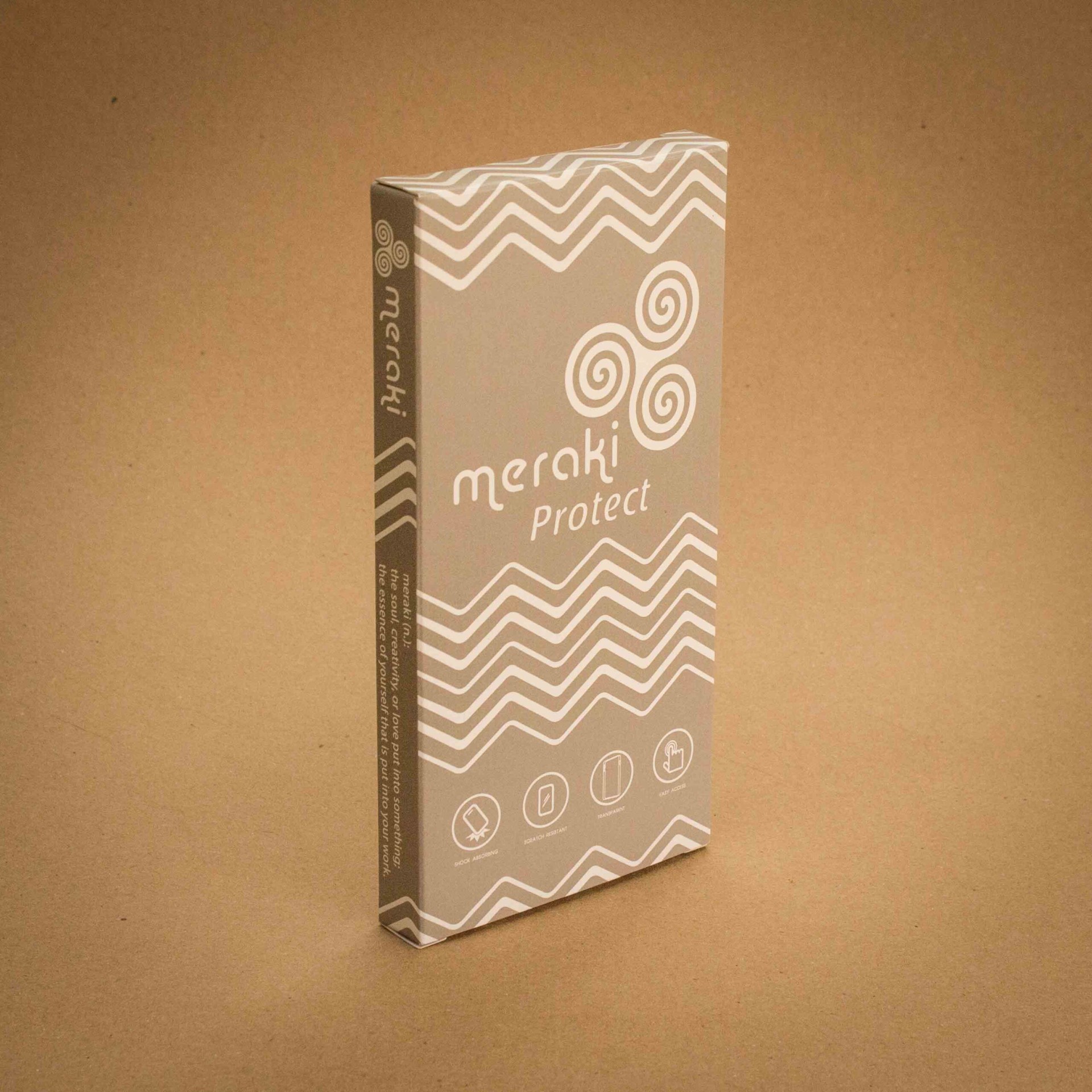 Meraki Protect screen protector folding carton in taupe with white chevron and swirl pattern Meraki Protect screen protector folding carton in taupe with white chevron and swirl pattern