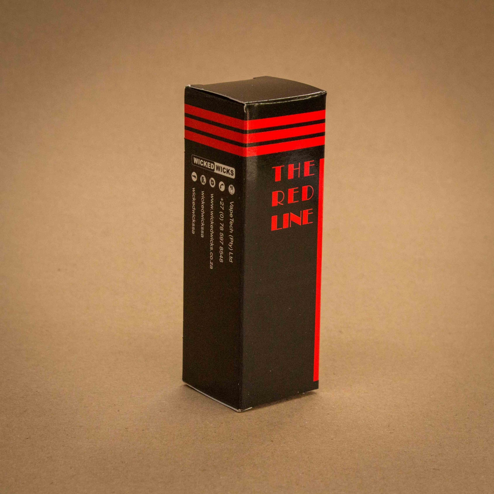 Wicked Wicks The Red Line vape juice folding carton in black with red stripes Wicked Wicks The Red Line vape juice folding carton in black with red stripes