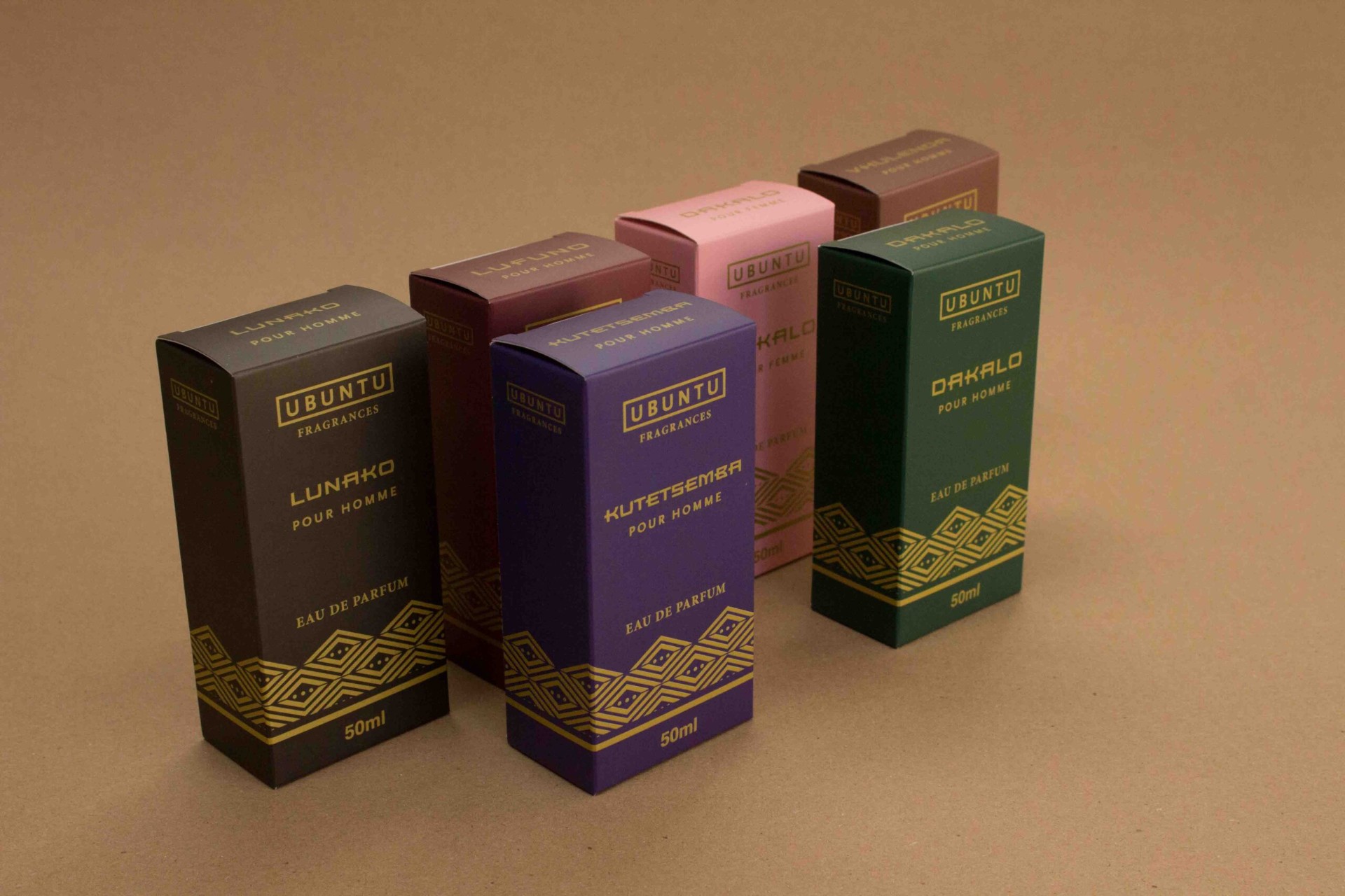 Ubuntu Fragrances eau de parfum folding carton set with gold foil geometric pattern in five colours Ubuntu Fragrances eau de parfum folding carton set with gold foil geometric pattern in five colours
